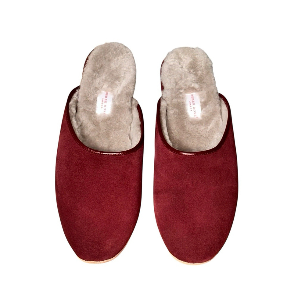 Derek Rose Mens Douglas Mule Slippers - Size 10 - Bordeaux Burgundy Sheepskin - Picture 3 of 8
